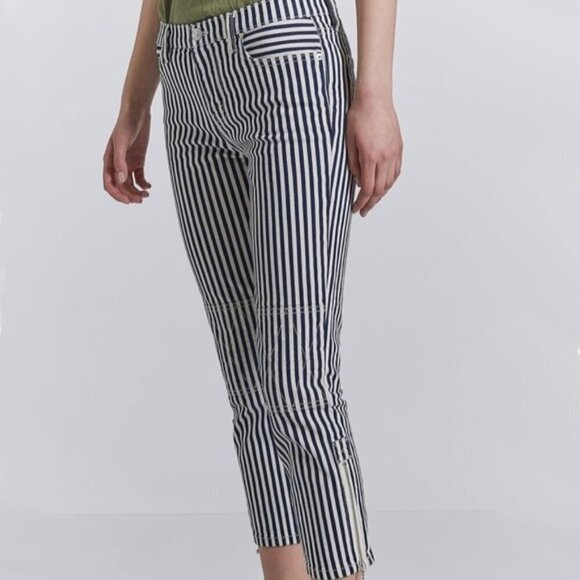 NWT Current | Elliott blue, warm white stripe skinny cropped stitch accent jeans - Picture 7 of 16